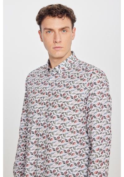 AC&Co / Altınyıldız Classics Erkek Bej Yesıl %100 Pamuk Slim Fit Dar Kesim Düğmeli Yaka Baskılı Gömlek Çok Renkli