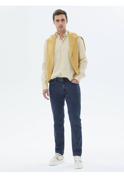 Kip Sarı Çizgili Regular Fit Dokuma Casual Pamuk Gömlek Sarı