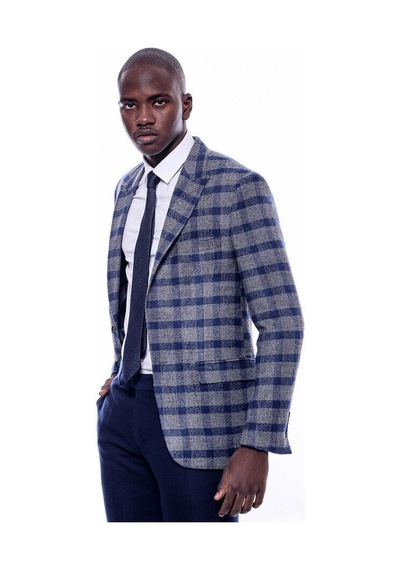 Wessi Ekose Sivri Yaka Slim Fit Mavi Erkek Ceket - Wessi Mavi
