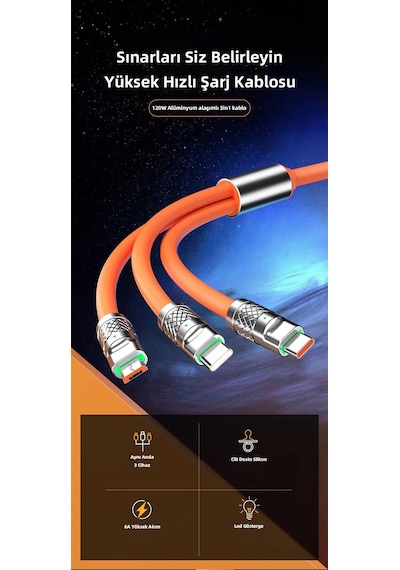 Zhltools 3 İn 1 Usb To Type-c - Micro Usb - Lightning 120w Hızlı Şarj Kablosu 1.2 Metre Turuncu