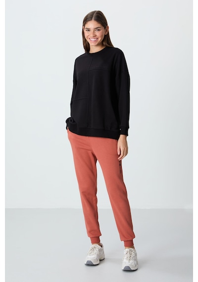 Tommy Life Siyah Kompakt Pamuklu Kalın Pürüzsüz Dokulu O Yaka Oversize Fit Kadın Sweatshirt - 97288 Siyah