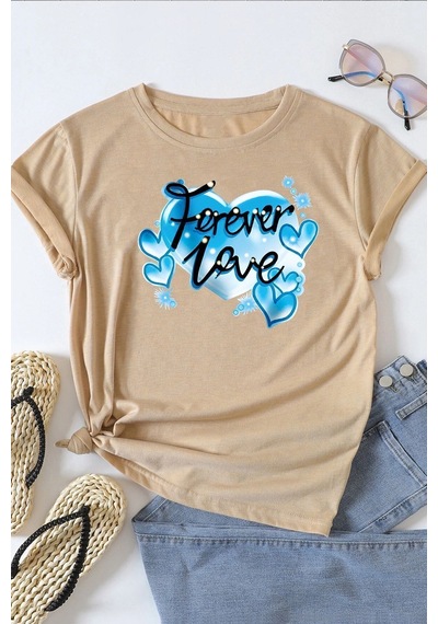 Uyguntarz Unisex Forever Love Baskılı Oversize Tshirt Bej