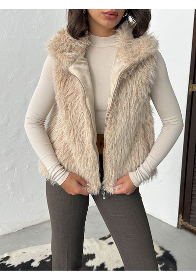 Verymoda Yapay Kürk Kadın Yelek Fermuarlı, Yumuşak Dokulu I Vmf2046 Taş