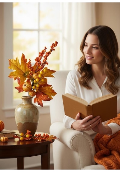 Yapay Çiçek Turuncu Kokina Halloween Turuncu Sonbahar Çınar Yapraklı Dal 45cm Yılbaşı Çiçeği Red Berry Turuncu