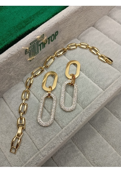 Tiptop/ Gold Renk Zirkon Taşlı Sallantılı Model Çelik Küpe - Zincir Model Zirkon Taşlı Bileklik Gold