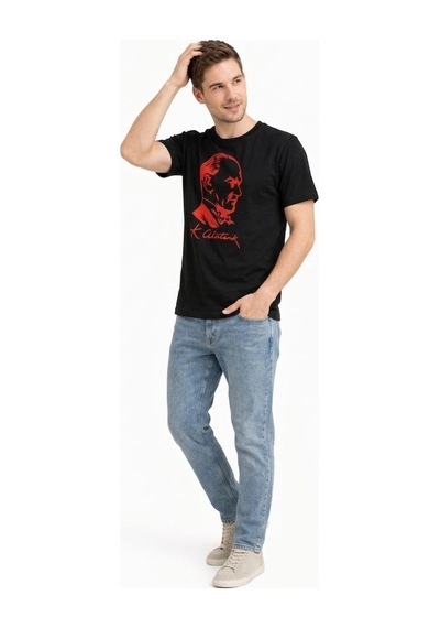 Barlashive Erkek Atatürk Baskılı Tişört Kısa Kollu Bisiklet Yaka T-shirt - Siyah Çok Renkli
