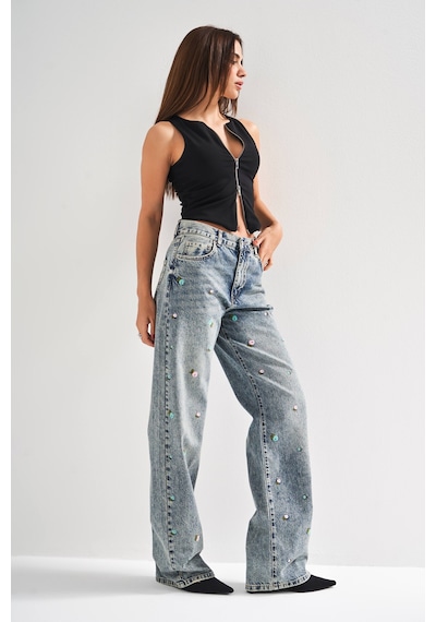 it's basic Kadın Kot Rengi 4s5-65 Çiçek Nakışlı Loose Fit Orta Bel %100 Koton Denim Jean Mavi