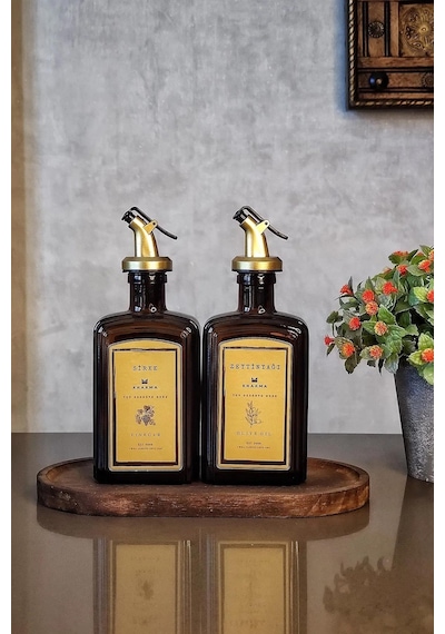 Khakma Ahşap Standlı Amber Gold Zeytinyağı Sirke Şişesi Yağlık Yağdanlık 2'li Set