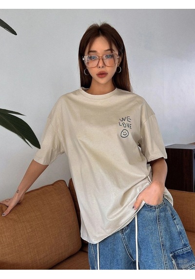 Flood Of Style Kadın Bej Love Love Love Baskılı Oversize T-shirt