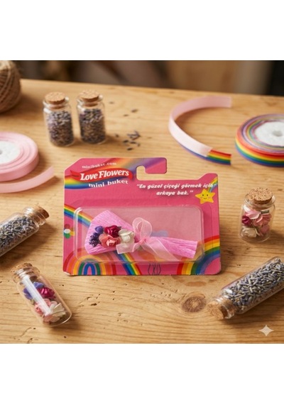 Love Flowers Gökkuşağı Temalı Mini Buket - Renkli Tasarım Hediyelik -