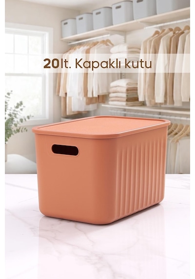 Kiremit Rengi Dolap Düzenleyici 20 Lt Kapaklı Saklama Kutusu Sepet Oyuncak Kutusu Organizer
