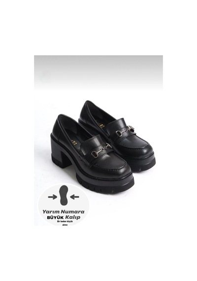 Dabab Shoes Chonora Kadın Siyah Cilt Zincir Detaylı Kalın Taban Topuklu Loafer Siyah - Siyah
