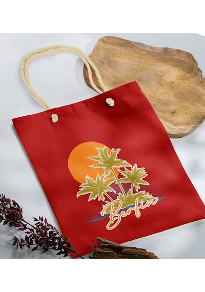 Bk Gift Kişiye Özel Yaz Temalı İsimli Kırmızı Halat Saplı Kumaş Plaj Çantası -2, Baskılı Omuz Çantası, Alışveriş Çantası, Arkadaşa Hediye, Sevgiliye H Haki