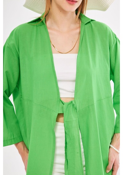 Armonika Kadın Yeşil Önden Bağlamalı İnce Keten Kumaş Midi Boy Kimono Gömlek Arm-24y001081 Armonika Kadın Yeşil Önden Bağlamalı İnce Keten Kumaş Midi Boy Kimono Gömlek Arm-24y001081