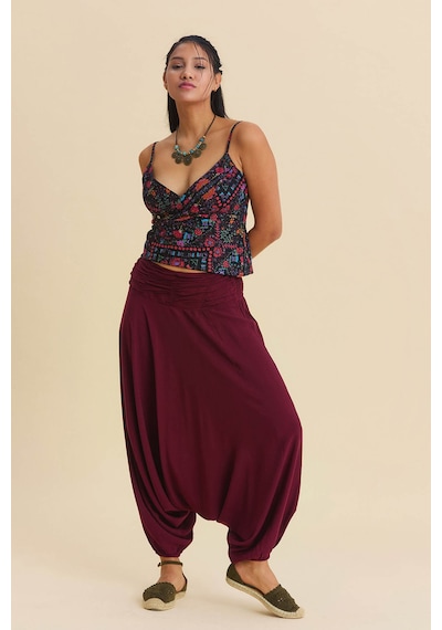 Drape Detay Beli Lastikli Şalvar Pantolon Bordo