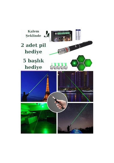 5 Başlıklı Yeşil Lazer Pointer Pilli 50 Km Etkili 5 Başlıklı Siyah