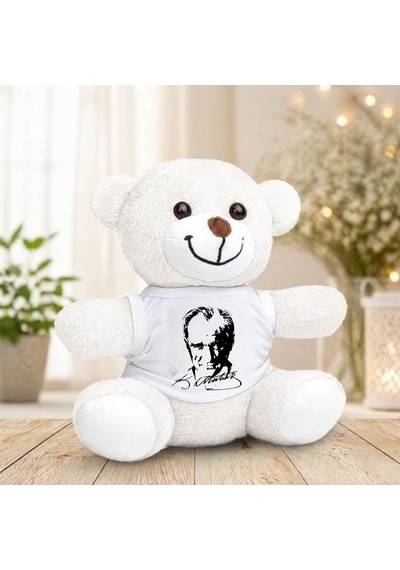 Atatürk Portreli Ve İmzalı Peluş Ayıcık Beyaz