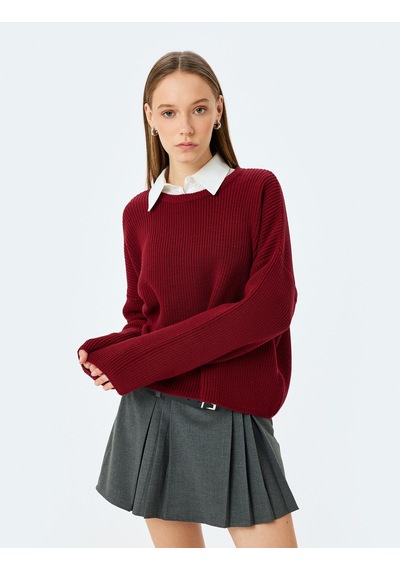 Koton Basic Triko Kazak Yuvarlak Yaka Uzun Kollu Regular Fit Bordo 5wal90051ht Bordo