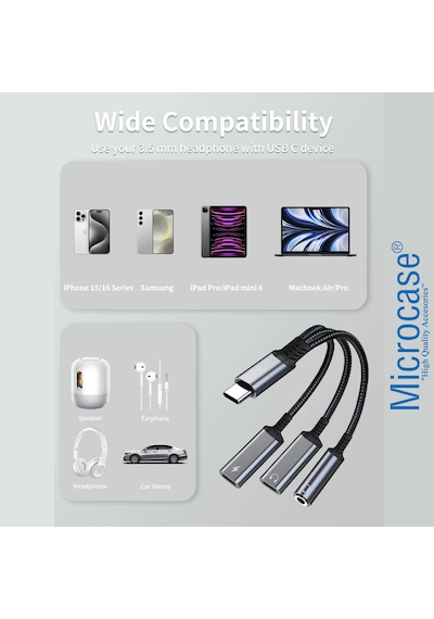Microcase 60w 3in1 Alüminyum Gövde Usb-c Adaptör Type-c To Type-c Şarj Ve 3.5 Mm Jak Ve Dac Destekli Kablo Al5418