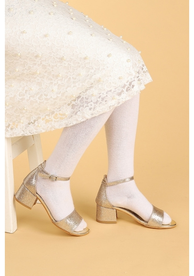 Kiko Kids 769 Kum Simli Günlük Kız Çocuk 4 CM Topuklu Sandalet Ayakkabı Altın 001