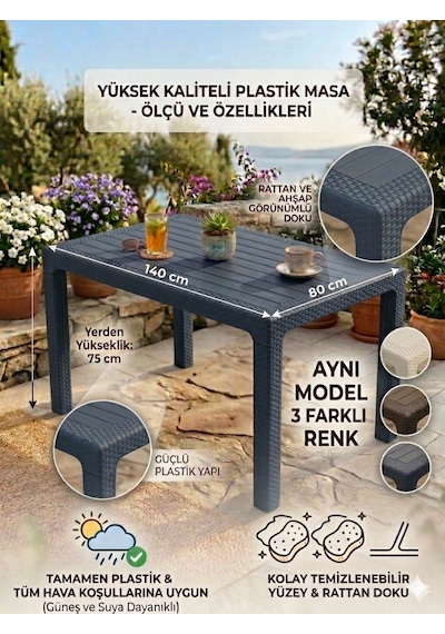 Evko Mobilya Rattan 80x140 Masa, Plastik Masa, Bahçe Balkon Teras Masası, Kare Masa, Dış Mekan Masası Antrasit