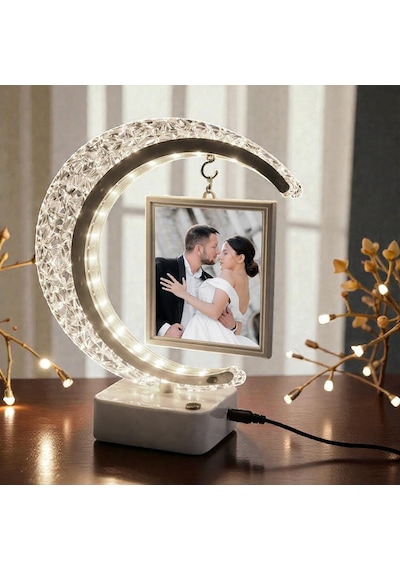Kristal Led'li Hilal Fotoğraf Çerçevesi Dokunmatik Işıklı 2 Fotoğraflı Kişiye Özel Hediye Beyaz
