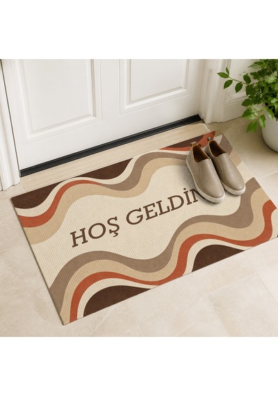 Kartela Halı Hoş Geldiniz Yazılı Retro Dalga Kapı Paspası Bej Kaymaz Kauçuk Taban 40x60 Cm