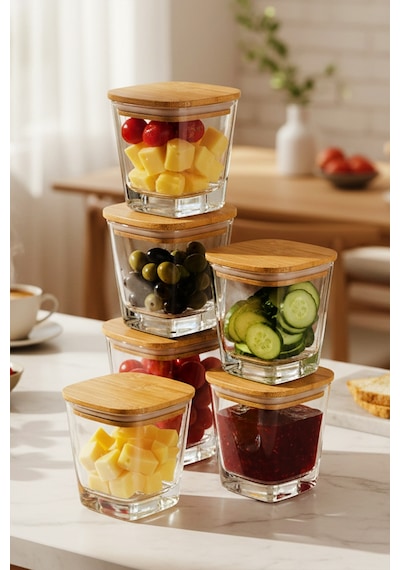 Elite - 6'lı Bambu Kapaklı Vakumlu Cam Kahvaltılık Çok Amaçlı Cam Çerezlik 300 Ml Şeffaf