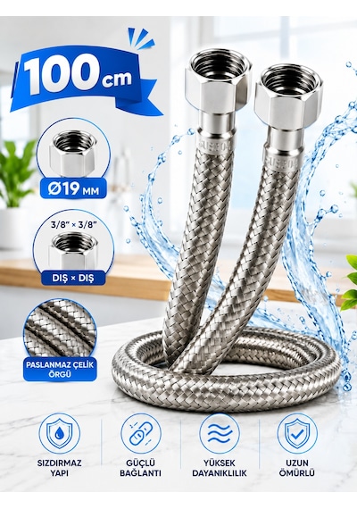 100 Cm Paslanmaz Çelik Örgülü Flex Hortum 3/8'x3/8' - Klozet Ve Taharet Musluğu İçin Dayanıklı Bağlantı Hortumu