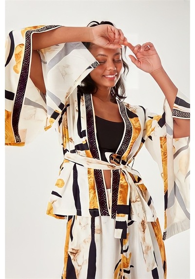 Batik Desenli Kimono Ekru