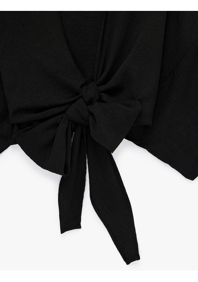 Koton Kısa Kollu Kruvaze Yaka Bağlamalı Crop Oversize Kimono Siyah 6sal50004ıw