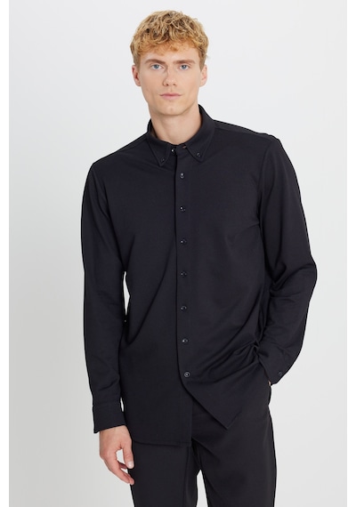 AC&Co / Altınyıldız Classics Erkek Sıyah Pamuklu Tailored Slim Fit Dar Kesim Düğmeli Yaka Örme Gömlek Siyah