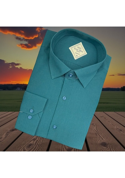 Linen Keten Slim Fit 4 Mevsim Giyilebilen Pamuklu Gömlek Petrol Mavi