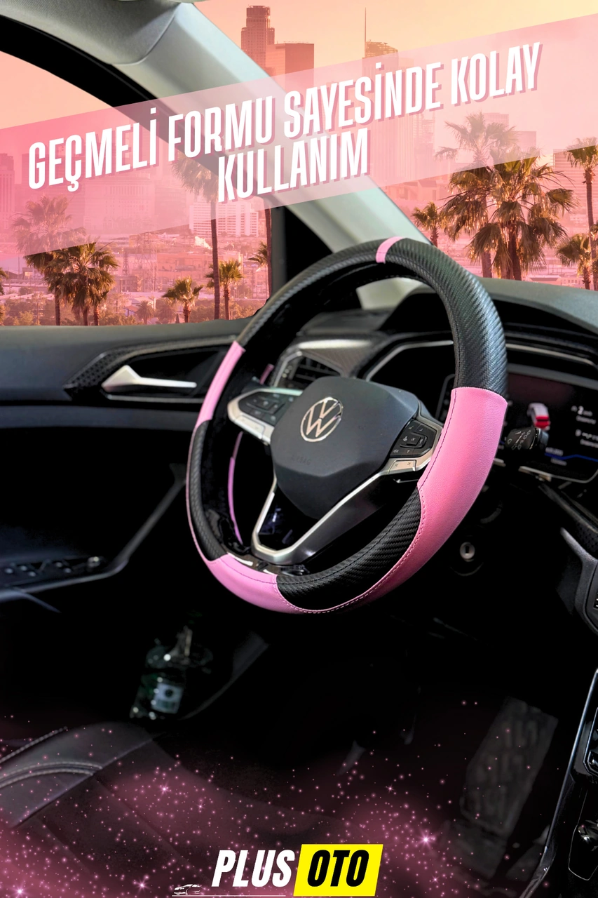 Kadınlara Özel Geçmeli Pembe Direksiyon Kılıfı Karbon Ve Deri Direksiyon Kılıfı Pembe