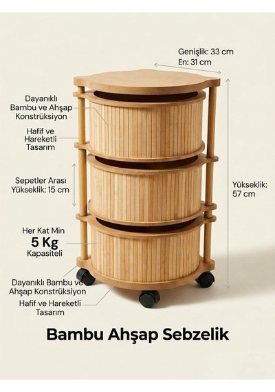 3 Katlı Nordic Bambu Ahşap Sebzelik Doğal Mutfak Düzenleyici Patates Soğanlık Organizer Meşe Renk Bambu Çok renkli