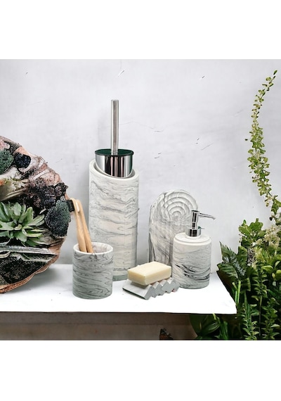 Marble Serisi Beton Banyo Seti Ve Tuvalet Fırçalığı,sıvı,katı Sabunluk,diş Fırçalık,tepsi,aksesuar Gri