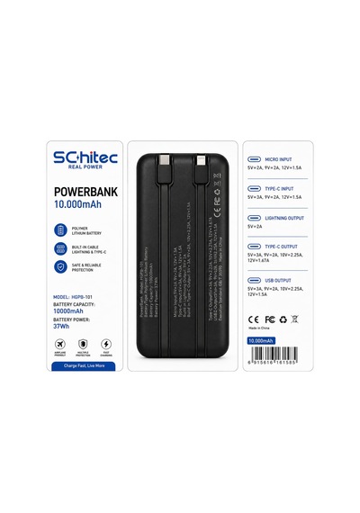 Schitec Hg/pb-101 10000mah 22.5w Hızlı Şarjlı Powerbank Type-c / Lightning Kablo Dijital Göstergeli Siyah