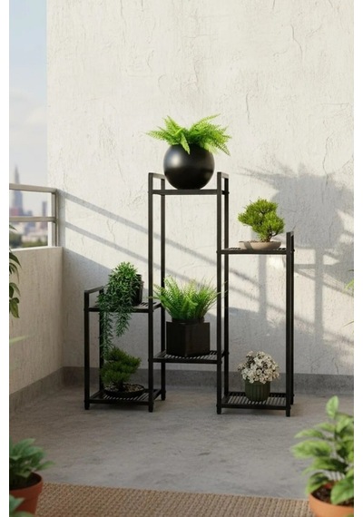 6 Raflı Siyah Metal Çiçeklik & Saksılık - Modern Dekoratif Balkon Ve Salon Bitki Standı