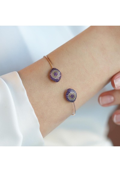 2'li Nazar Mor Taşlı Rose Gold Kaplama Gümüş Kelepçe Gümüş