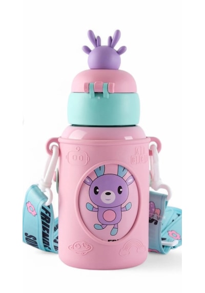 Denizhomecollection 450ml 316 Paslanmaz Çelik Çocuk Termosu, Karikatür Hayvanlar Öğrenci Termosu 1 Kat Pembe