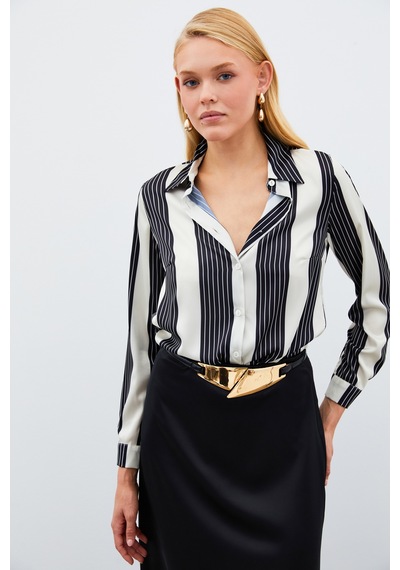 Sateen Çizgi Desenli Gömlek - Siyah-134968 Siyah