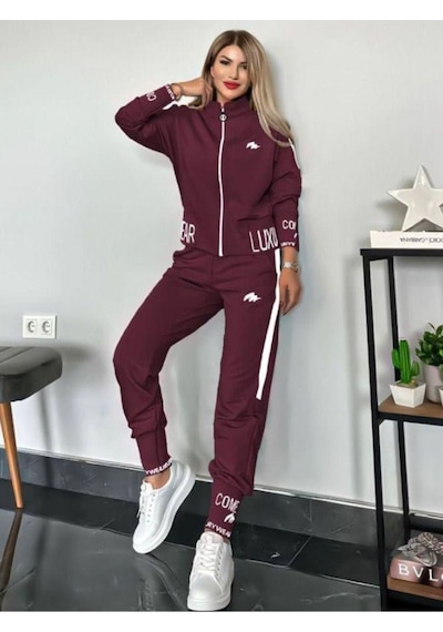 Kadın Fermuarlı Alt Üst Eşofman Takımı Nakışlı 2 İplik Likra Bordo 390 Bordo