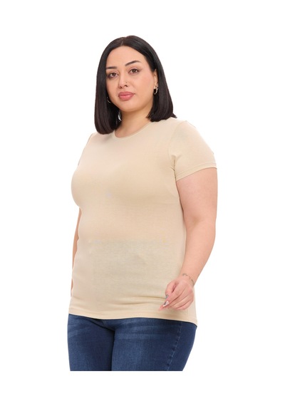 Disentis Büyük Beden Bisiklet Yaka Kısa Kollu Viskon Bej Rengi Body Bej