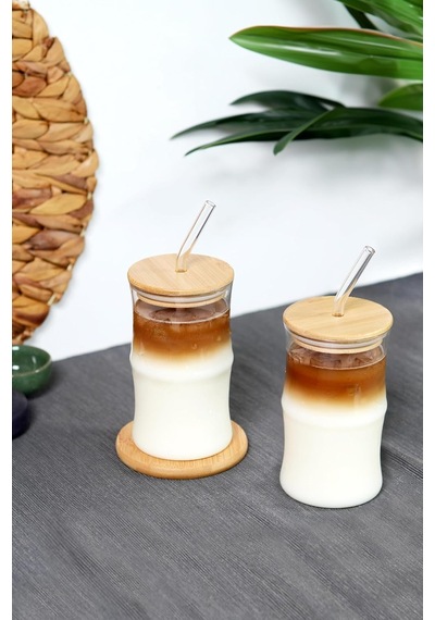 Bambu Kapaklı Cam Pipetli 330 Ml Borosilikat Bardak Çok Renkli