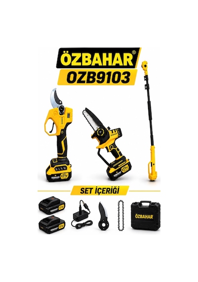 Özbahar Ozb9103 21v Profesyonel Kömürsüz Akülü Budama Seti Dal Budama Makası, Zincirli Testere Ve Teleskopik Uzatma Ko Özbahar Ozb9103 21v Profesyonel Kömürsüz Akülü Budama Seti Dal Budama Makası, Zincirli Testere Ve Teleskopik Uzatma Ko