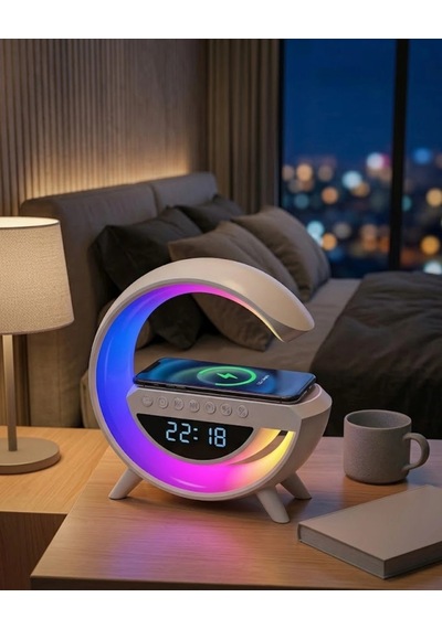 Hubrendy  Kablosuz Şarjlı Led Işıklı Masa Saati Bluetooth Hoparlör Alarm Fonksiyonlu