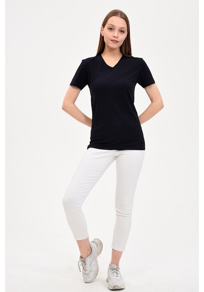 Genıus Kadın V Yaka Basic T-Shirt Lacivert