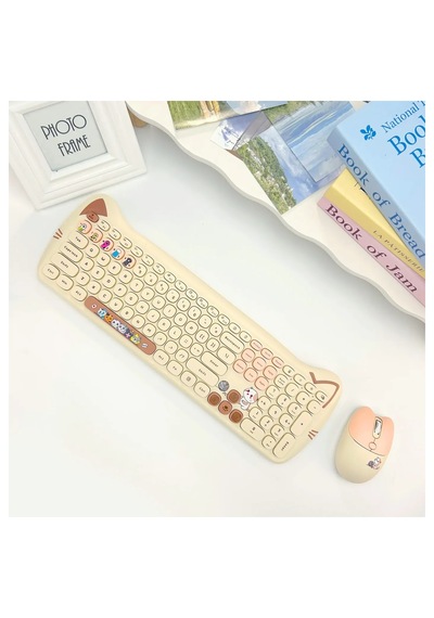 Geezer Cat Plus Kablosuz Klavye Mouse Seti 2.4g Kedi Kulaklı Sevimli 110 Tuş Renkli Set Optik