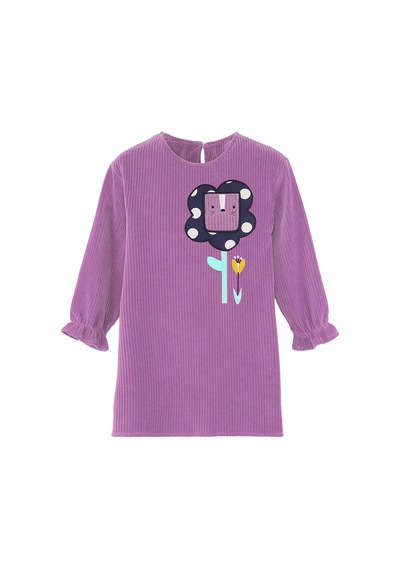 Denokids Çiçekli Kız Çocuk Lila Kadife Elbise Renkli