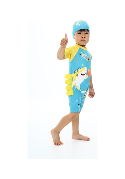 My Kids Wear Boneli Fermuarlı Erkek Çocuk Mayo Mavi Desenli
